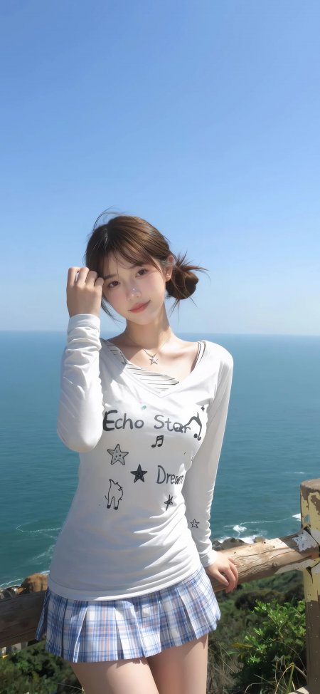 海边少女白衫蓝格裙微笑倚栏蓝天碧海清新人物摄影手机壁纸