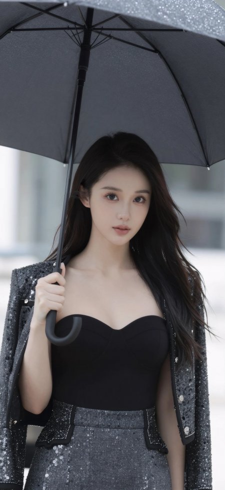 黑发美女手持黑伞银闪亮片外套黑白配色人物摄影手机壁纸