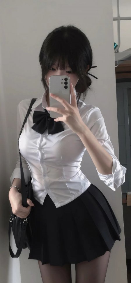 黑发齐刘海少女白衬衫黑领结百褶裙黑白配色人物摄影手机壁纸