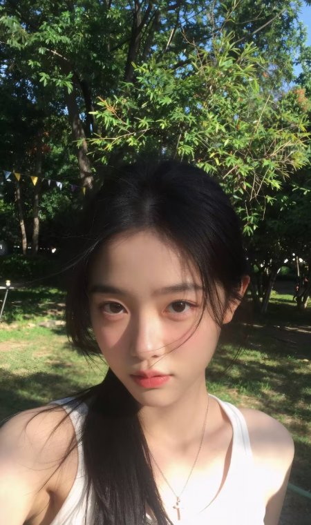 黑发少女白裙绿荫下阳光侧照暖金人物摄影手机壁纸