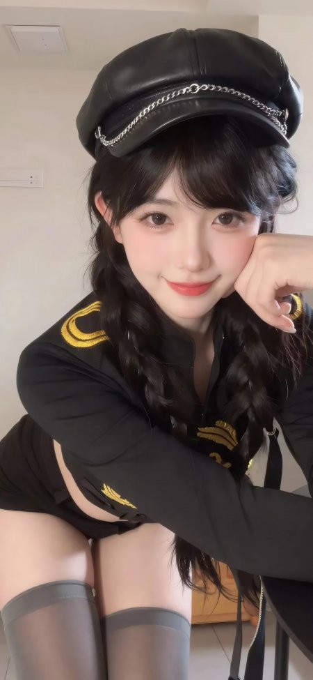 黑发双麻花辫少女戴链条装饰黑皮帽穿金纹黑制服微笑托腮暖粉人物摄影手机壁纸