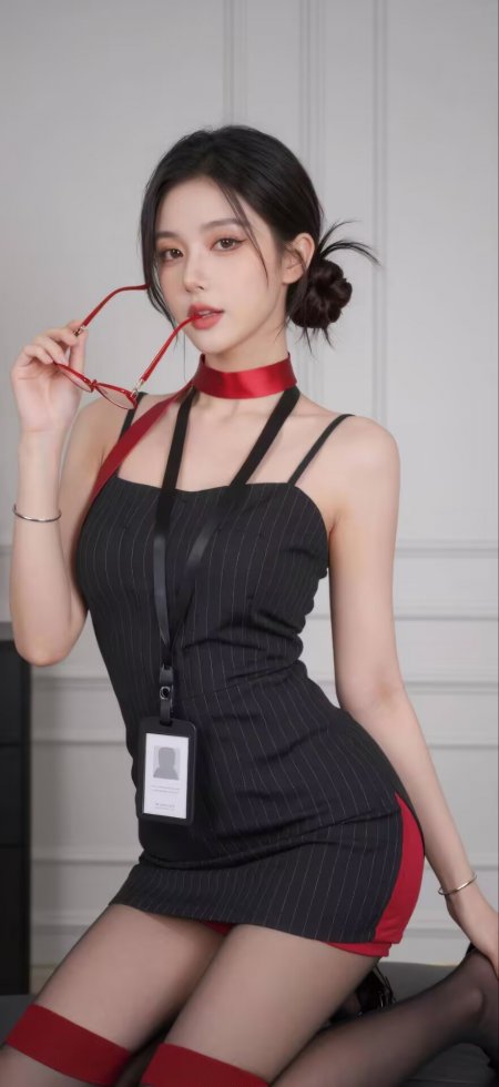 黑发少女红唇持眼镜黑灰条纹裙配红饰暖调人物摄影手机壁纸