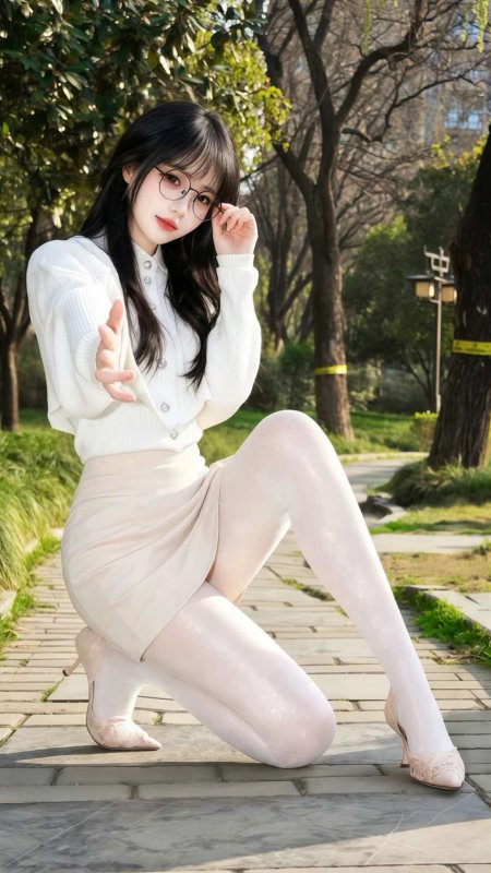 黑发圆框眼镜少女白衫米裙蹲姿伸手指引暖光人物摄影手机壁纸