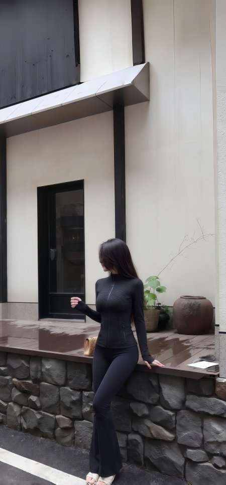 黑衣长发美女倚靠石墙灰白人物手机壁纸