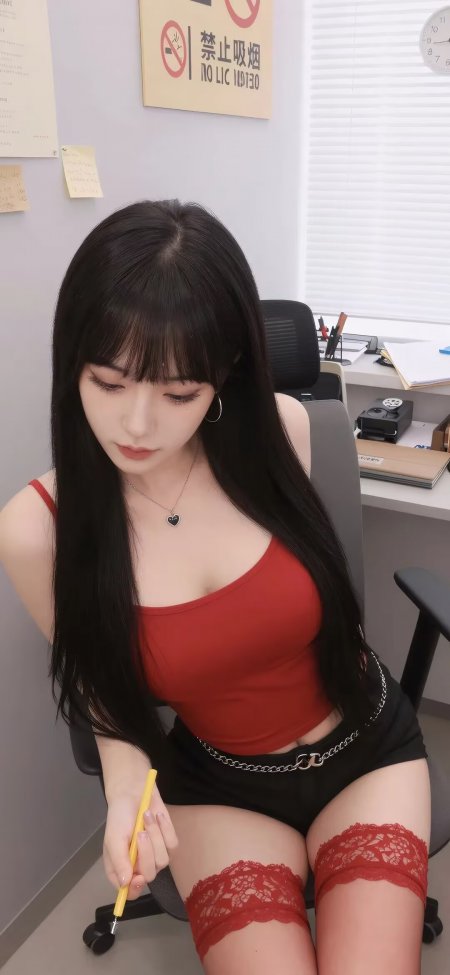 黑长直红吊带黑短裙美女办公室坐姿暖红人物摄影手机壁纸