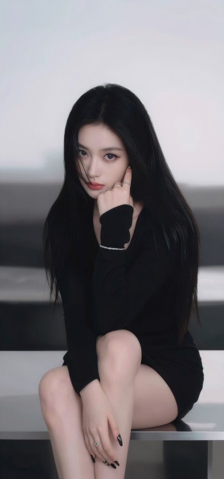 黑长直美女红唇黑裙银饰冷艳暗调人物摄影手机壁纸