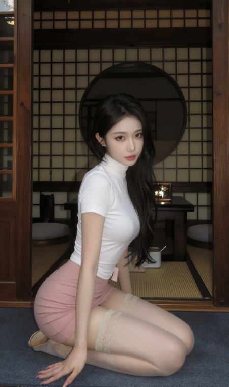 黑长直少女白高领粉短裙日式和室暖调人物摄影手机壁纸