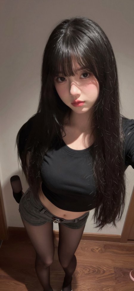 黑长直齐刘海少女黑衣短裤黑丝暖光人物摄影手机壁纸