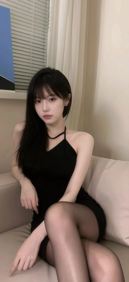 黑长直少女黑色吊带裙坐姿优雅暖调人物摄影手机壁纸