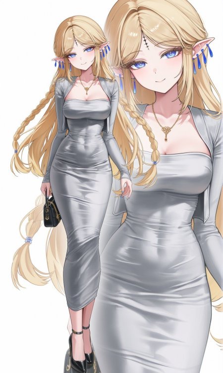 金发蓝眼精灵少女银色紧身裙蓝紫耳饰动漫手机壁纸