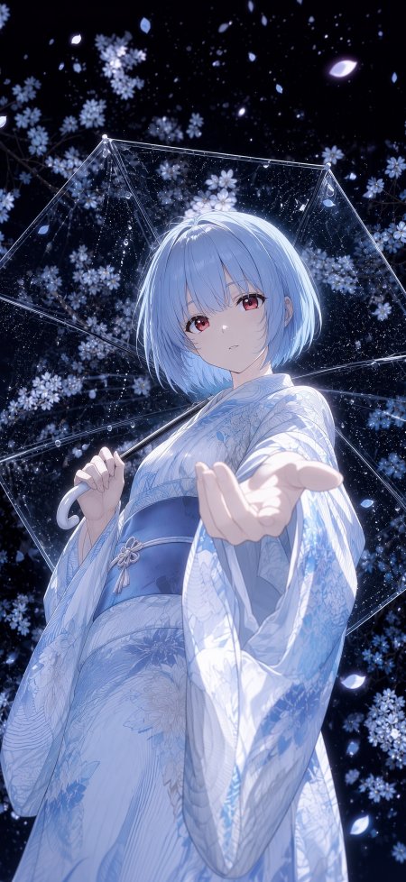 蓝发红瞳少女持透明伞伸手夜樱飘落蓝白唯美动漫手机壁纸