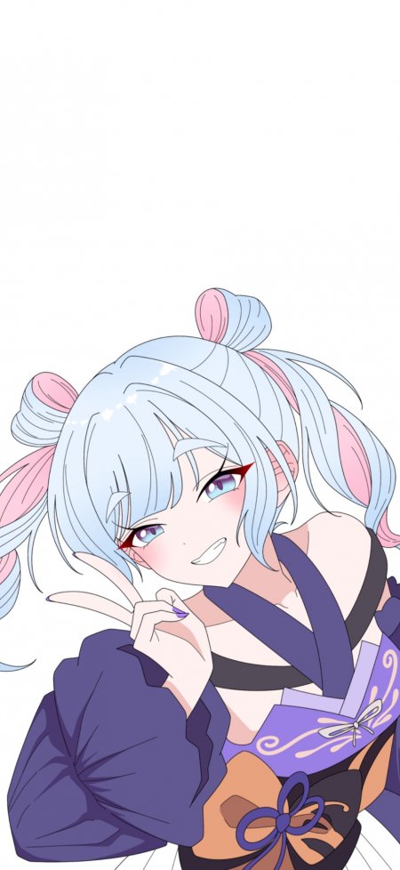 蓝粉发少女紫色和服比剪刀手动漫手机壁纸