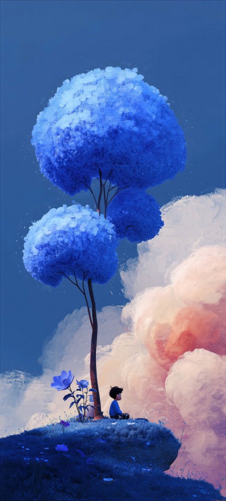 蓝树少年云海梦幻蓝紫奇幻手机壁纸