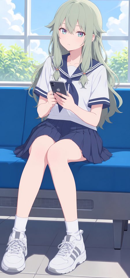绿发双马尾水手服少女坐蓝椅持手机浅蓝清新动漫手机壁纸