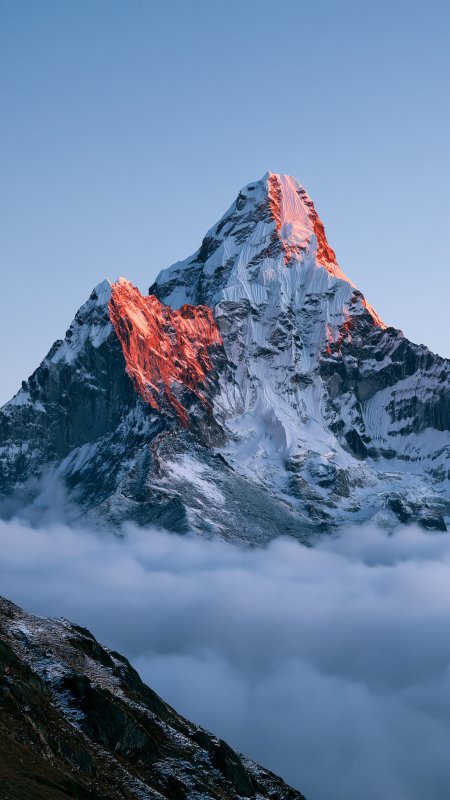 马卡鲁峰雪顶霞光映照蓝白风景手机壁纸