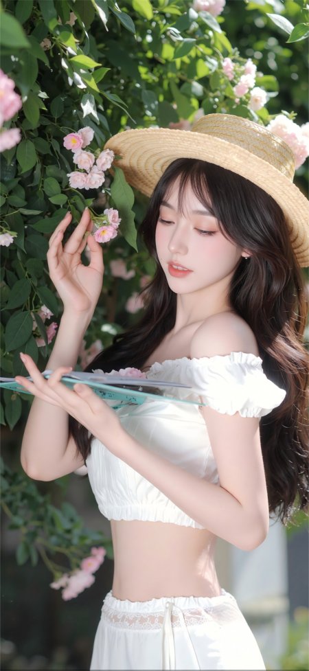 美女戴草帽轻触粉花绿叶环绕白裙清新自然人物摄影手机壁纸