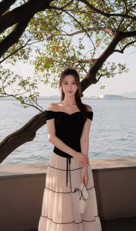 美女黑上衣米白纱裙树影湖畔暖调人物摄影手机壁纸