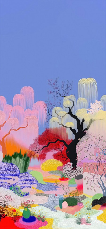 梦幻花园彩树繁花蓝粉渐变创意艺术插画手机壁纸