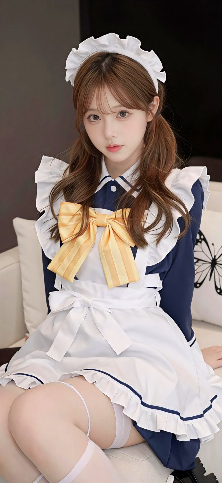女仆装清纯美女棕发蓝白制服女仆装人物摄影手机壁纸