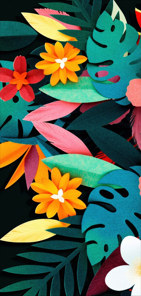 热带花卉剪纸艺术橙红粉绿创意插画手机壁纸