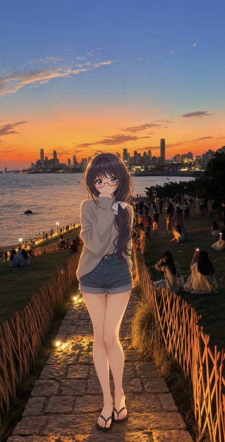 少女戴红框眼镜灰毛衣牛仔短裤黄昏海景暖橙动漫手机壁纸