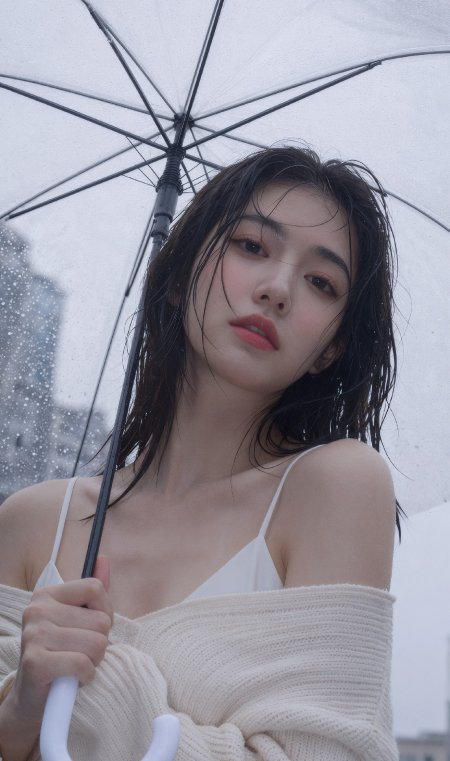 湿发少女撑透明雨伞城市雨景灰白人物摄影手机壁纸