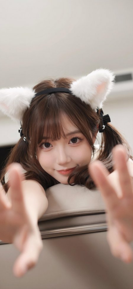 双马尾少女戴白色毛绒猫耳头饰伸手微笑暖白人物摄影手机壁纸