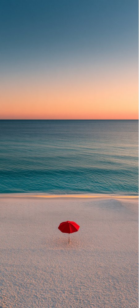 夕阳海滩红伞孤影暖橙蓝白风景手机壁纸
