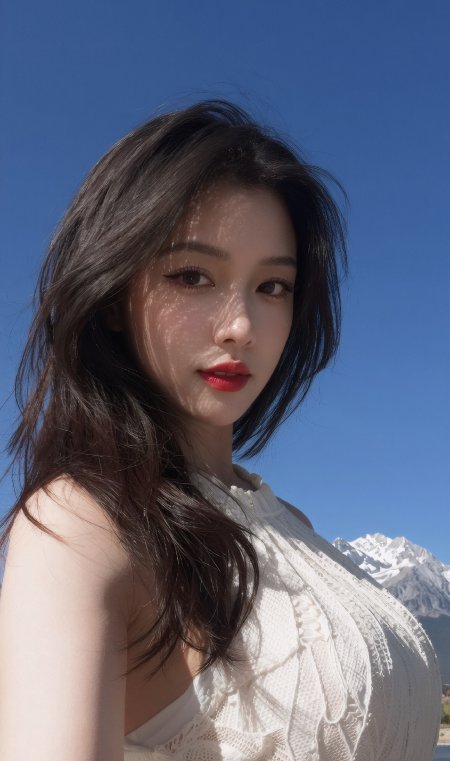 雪山蓝天下白裙红唇美女暖金人物摄影手机壁纸