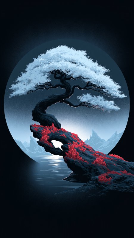 雪夜枯松红岩映月蓝白暗调插画手机壁纸