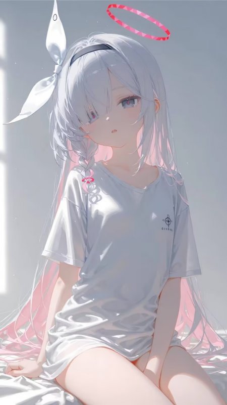 银发少女粉色光环白裙坐姿粉紫动漫手机壁纸