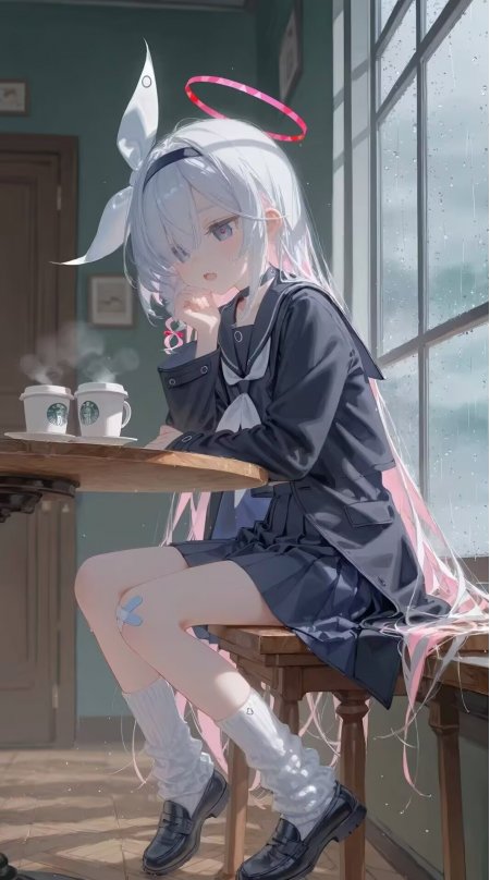 银发少女水手服咖啡厅窗边沉思粉蓝动漫手机壁纸