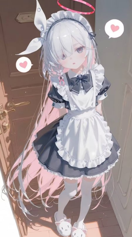 银发双马尾女仆装少女头顶光环粉心气泡柔光动漫手机壁纸