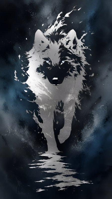 银灰狼蓝瞳凝视暗蓝水墨风插画手机壁纸