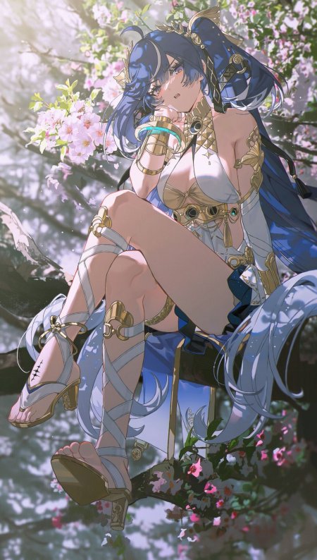 樱花枝头蓝发华丽少女动漫手机壁纸