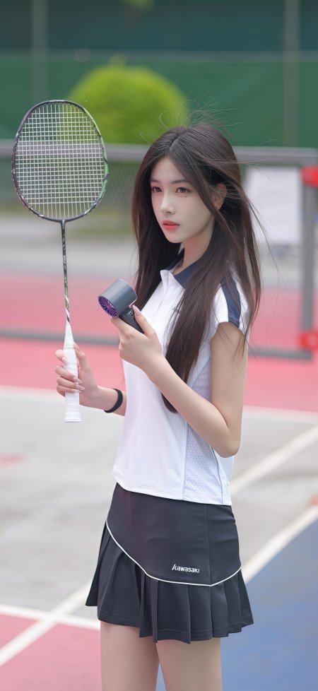 羽毛球少女手持球拍与便携风扇红蓝场地清新运动人物摄影手机壁纸