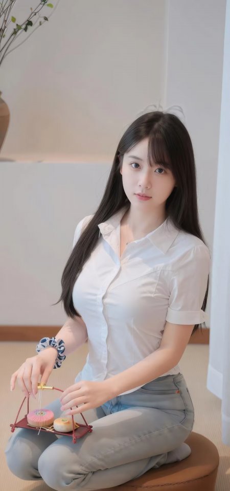 长发白衣少女坐姿手持甜点托盘暖白人物摄影手机壁纸