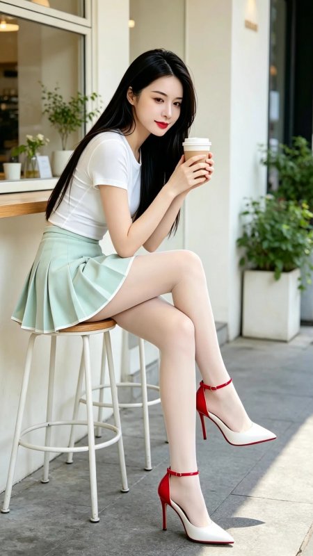 长发红唇白T浅绿百褶裙美女手持咖啡暖光人物摄影手机壁纸