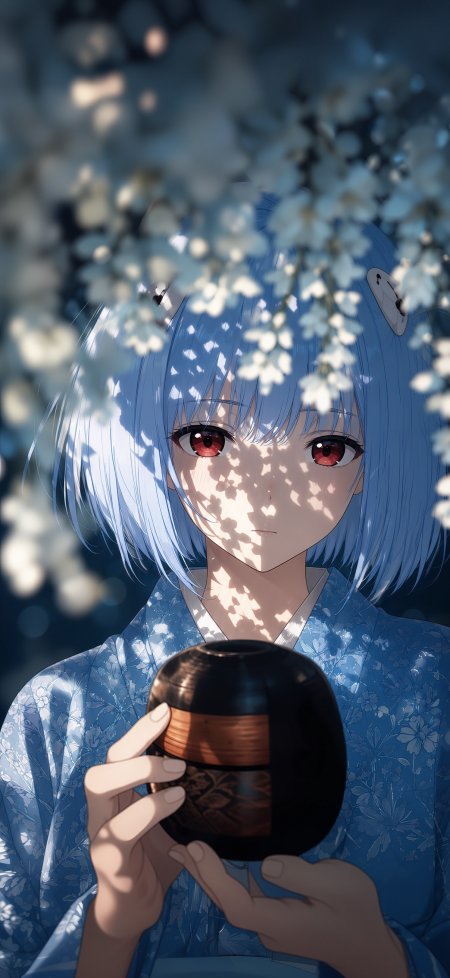 长发蓝瞳少女手持漆器茶碗樱花光影蓝白动漫手机壁纸