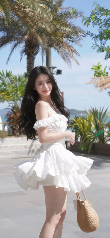 长发美女白裙露肩微笑棕榈树下暖阳人物摄影手机壁纸