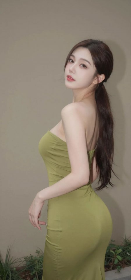 长发美女橄榄绿抹胸长裙侧身回眸暖调人物摄影手机壁纸