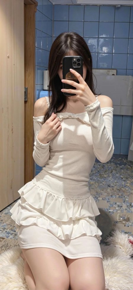 长发美女镜前自拍米白蕾丝露肩裙暖调人物摄影手机壁纸