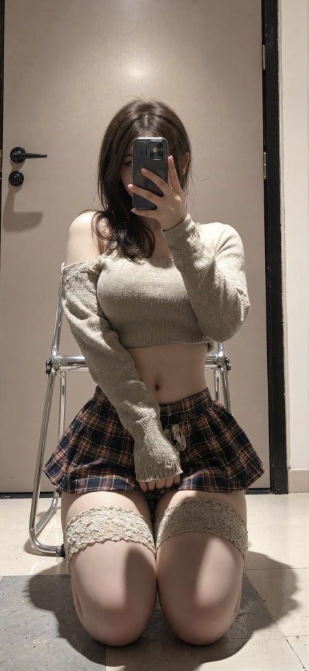 长发美女镜前自拍米色针织露肩上衣格纹短裙蕾丝袜暖调人物摄影手机壁纸