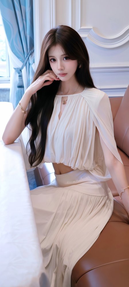 长发美女米白褶皱套装优雅坐姿暖调人物摄影手机壁纸