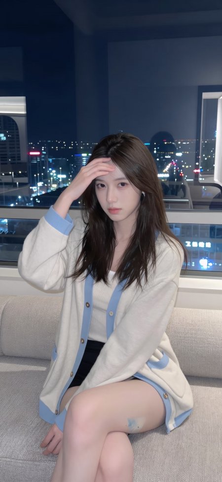 长发美女坐沙发手扶额夜景城市背景蓝白清新人物摄影手机壁纸