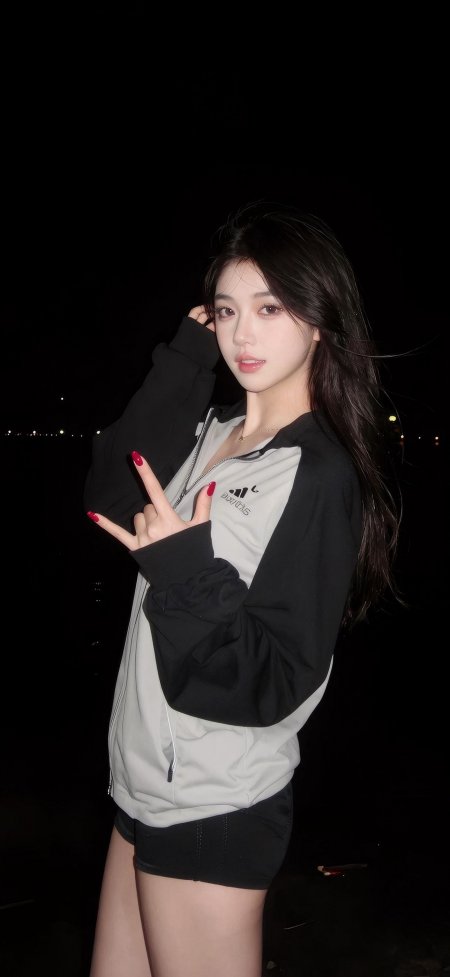 长发美女夜景比耶红指甲灰黑运动外套暖调人物摄影手机壁纸