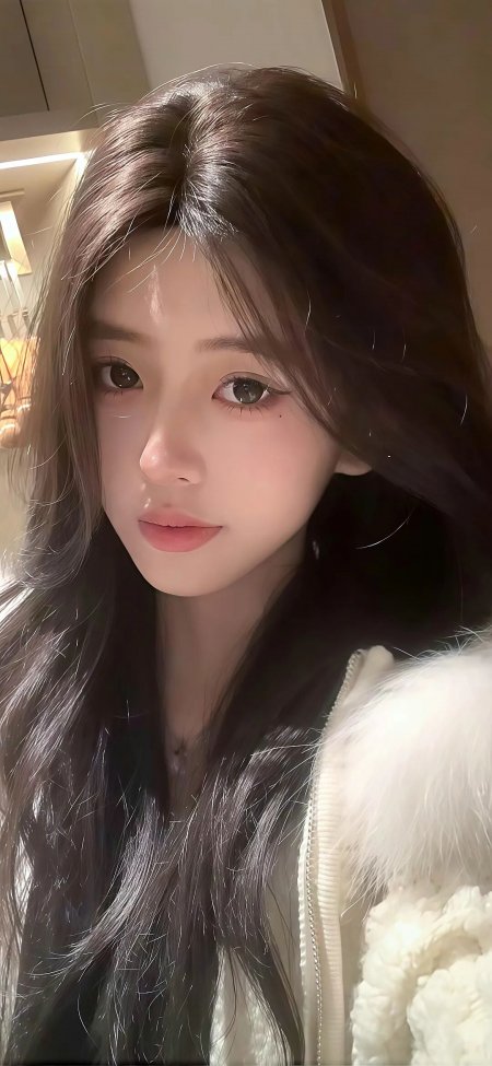 长发柔光少女白毛领外套暖调人物摄影手机壁纸