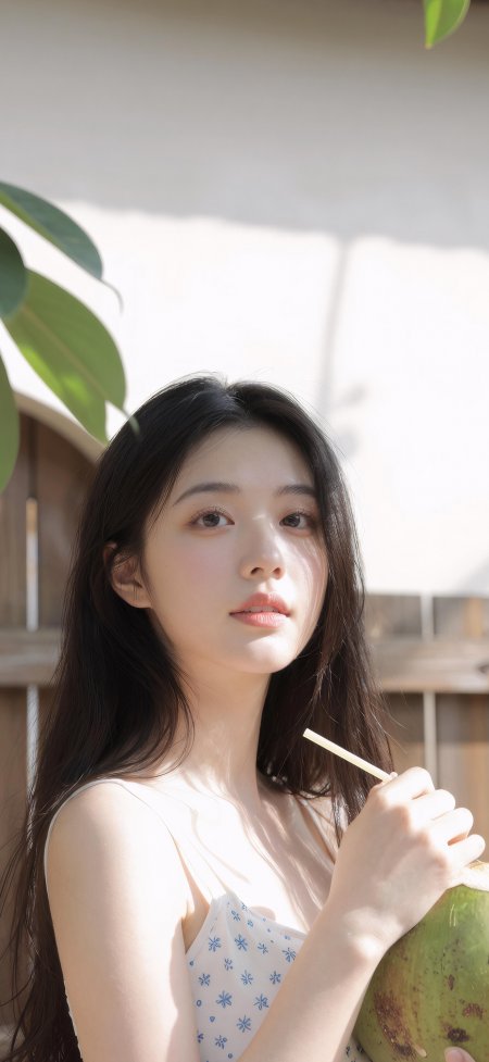 长发少女手持椰子微笑暖光人物摄影手机壁纸