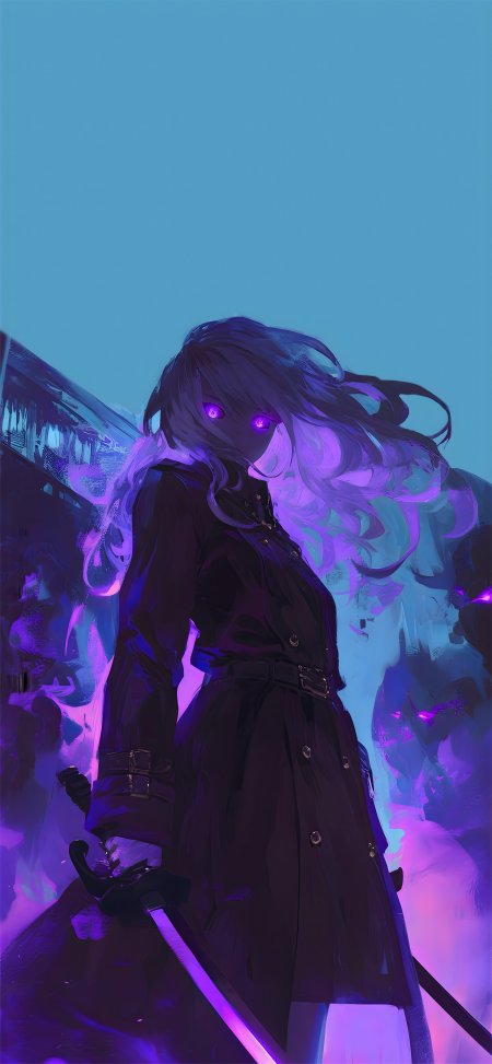 紫瞳长发黑衣少女持剑站立蓝紫光影动漫手机壁纸