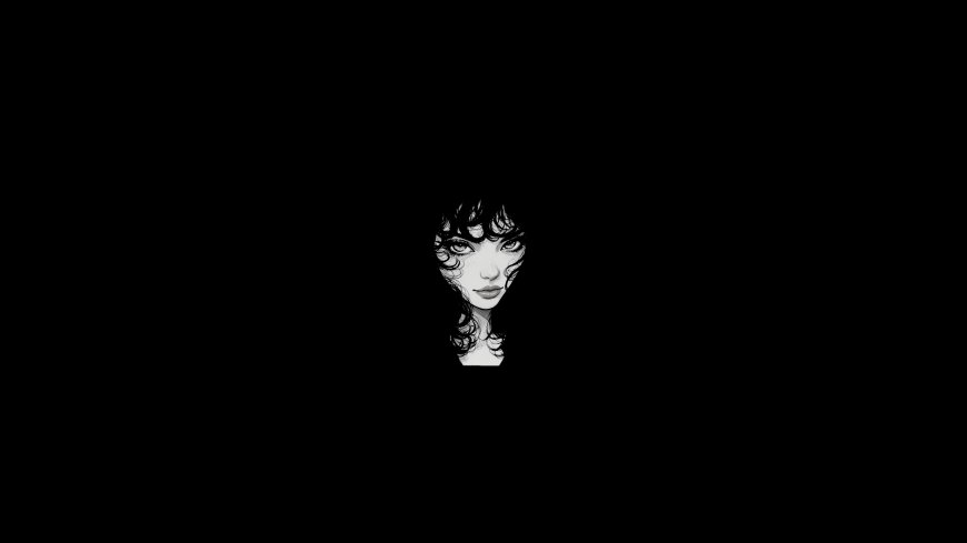 黑发卷曲少女凝视暗黑动漫电脑壁纸